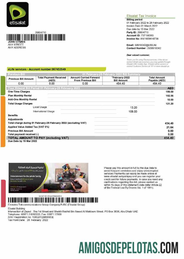 Em branco modelo de conta de serviços públicos Etisalat dos Emirados Árabes Unidos em formato Word e PDF